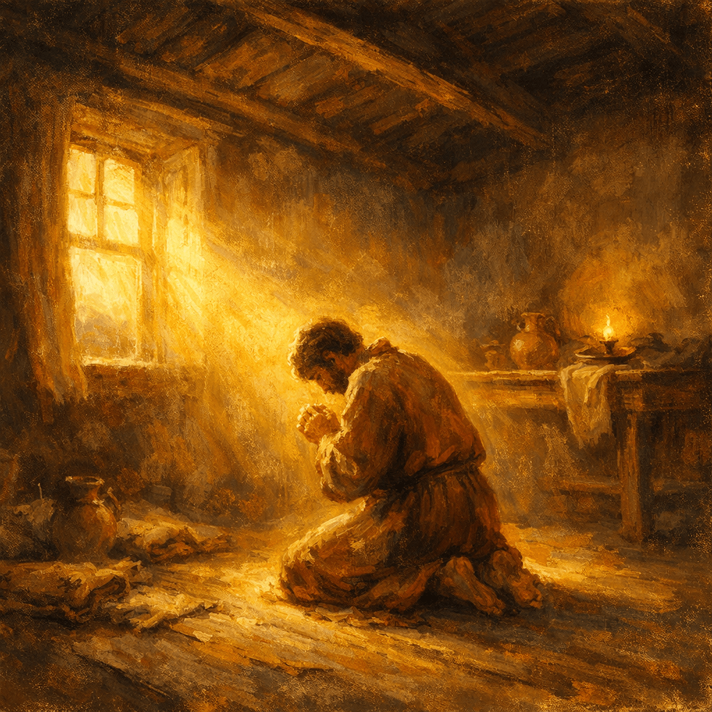 A man kneeling on the floor in prayer inside a dim rustic room illuminated by sunlight