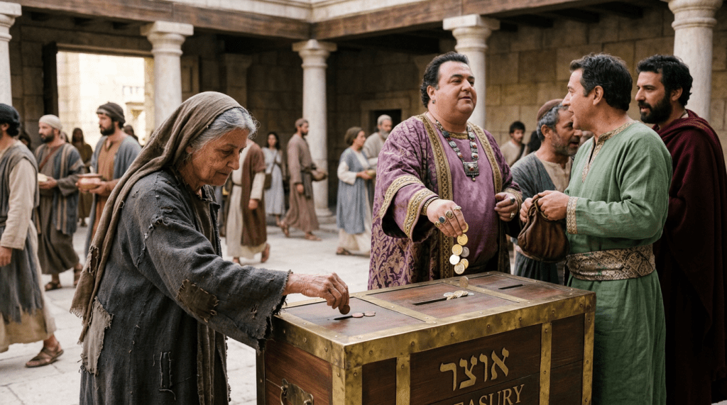 People placing coins into a wooden donation chest in an ancient courtyard