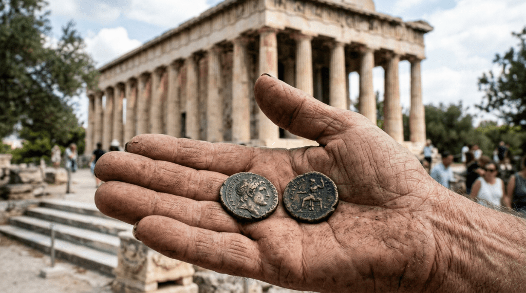 Hand holding two ancient coins with a Greek temple in the background