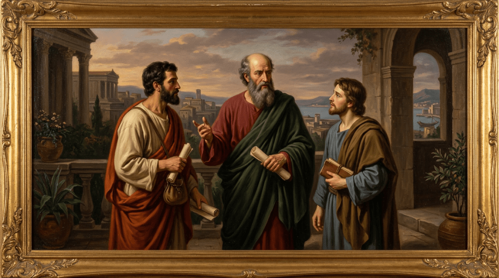 Three ancient philosophers conversing on a terrace with scrolls and books, classical architecture in the background
