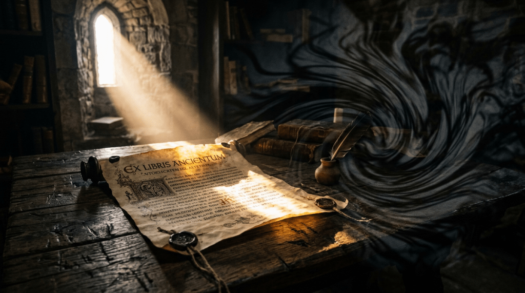 Glowing ancient scroll with dark magical smoke on an old wooden desk