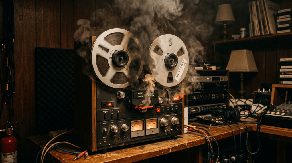 Vintage AEA GK-6900 reel-to-reel tape recorder smoking on wooden desk