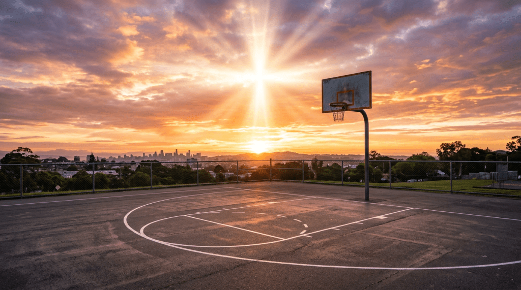 Empty outdoor basketball court at sunset with city skyline in background