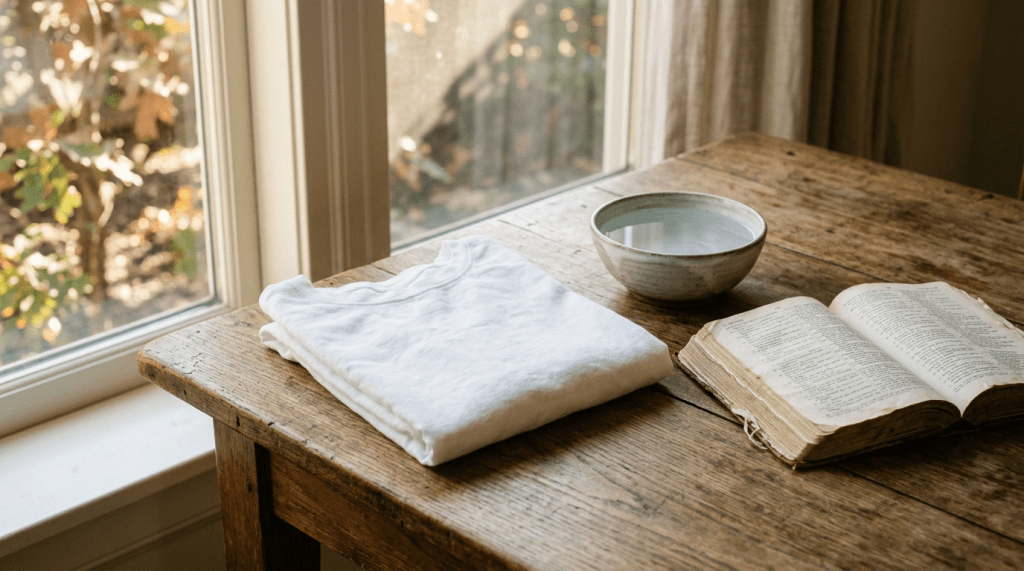 Open book, folded white linen, and ceramic bowl on wooden table